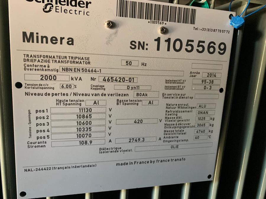 2x 2000 kVA 10 kV / 420 Volt Schneider Minera transformator bj. 2014